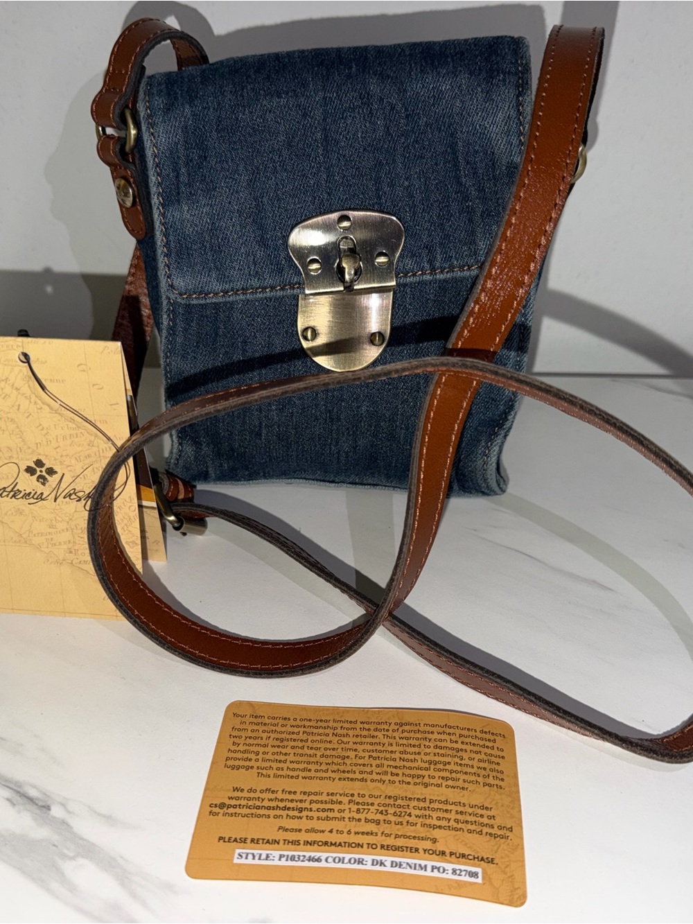 Denim Crossbody Bag with Brown Leather Strap
